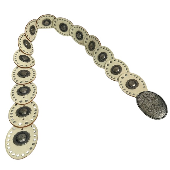Fossil Belt Concho Stations White Leather Western Studded Floral Buckle M Boho main image 5